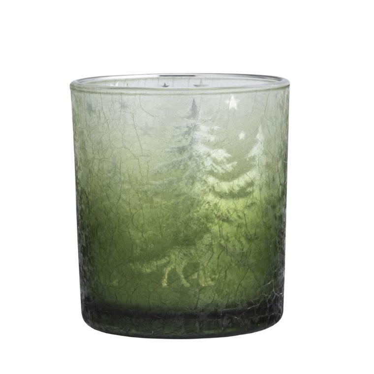 Altom Design, świecznik szklany, mleczny, zielone choinki, 7-7-8 cm