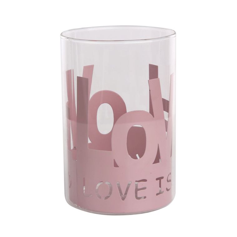 Altom Design, świecznik szklany w różowej metalowej osłonce, 10-10-15 cm, love