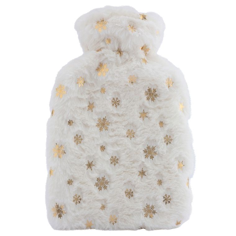 Altom Design, termofor w białym futerku, 1l, złote śnieżynki