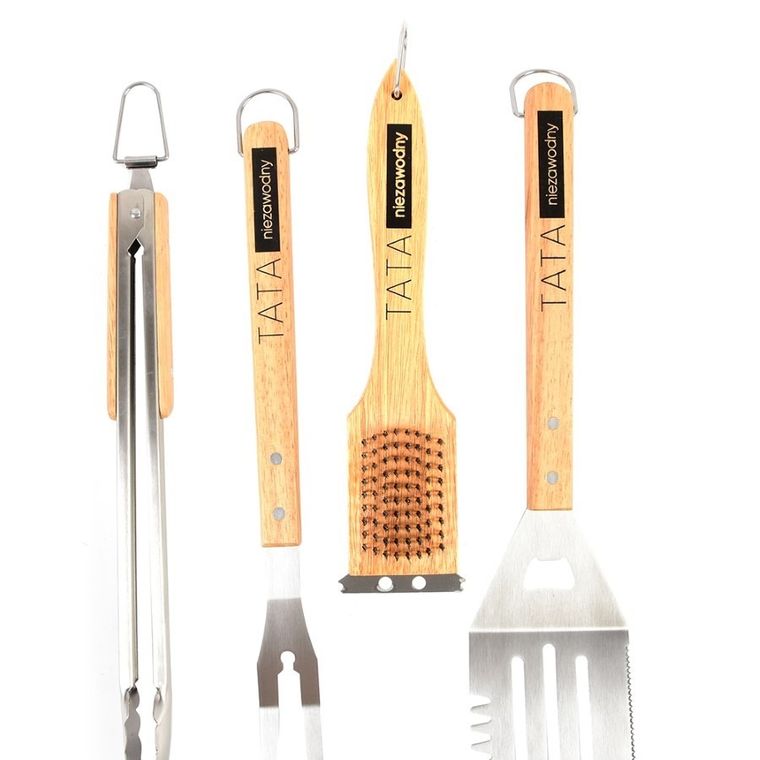 Altom Design, zestaw do grilla, 4 elementy, uchwyt drewniany, tata niezawodny