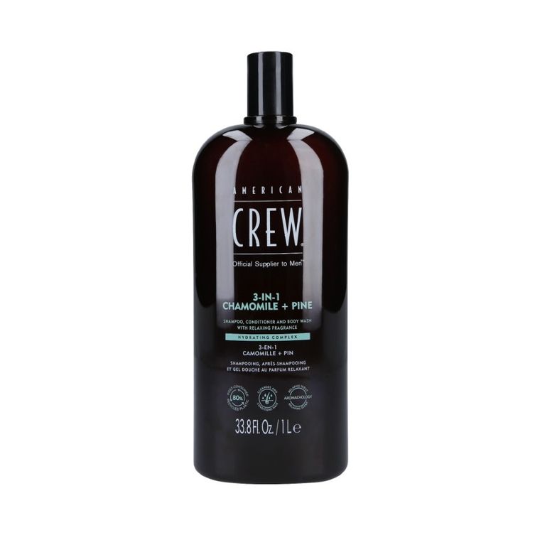 American Crew, Chamomile&Pine, szampon, odżywka i żel pod prysznic 3w1, rumianek i sosna, 1000 ml