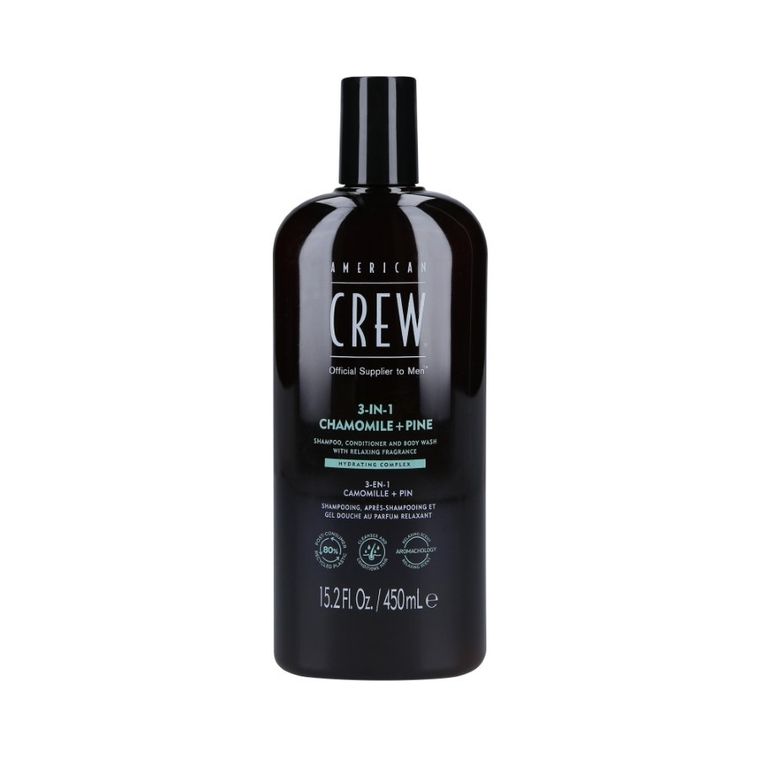 American Crew, Chamomile&Pine, szampon, odżywka i żel pod prysznic 3w1, rumianek i sosna, 450 ml