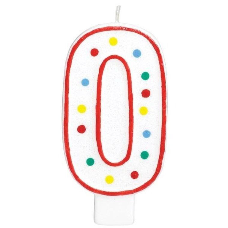 Amscan, świeczka urodzinowa cyferka 0, biała w kropki