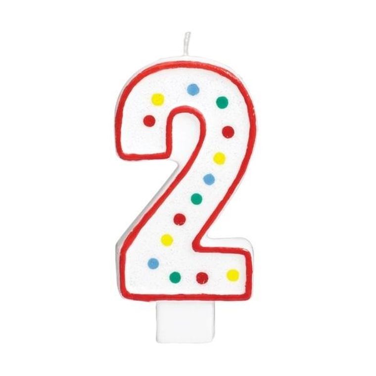 Amscan, świeczka urodzinowa cyferka 2, biała w kropki
