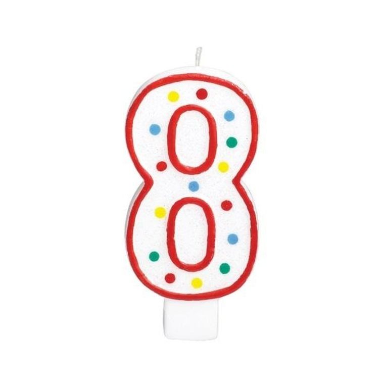 Amscan, świeczka urodzinowa cyferka 8, biała w kropki