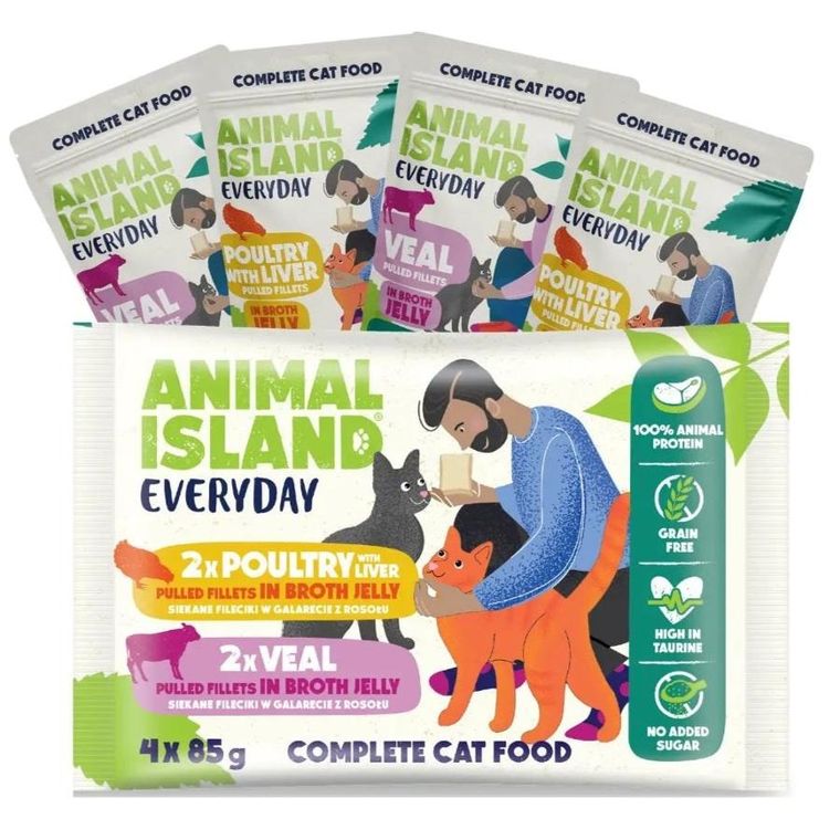 Animal Island, New Jelly Everyday, dróg z wątróbką i cielęcina, mokra karma dla kotóq, 4-85g