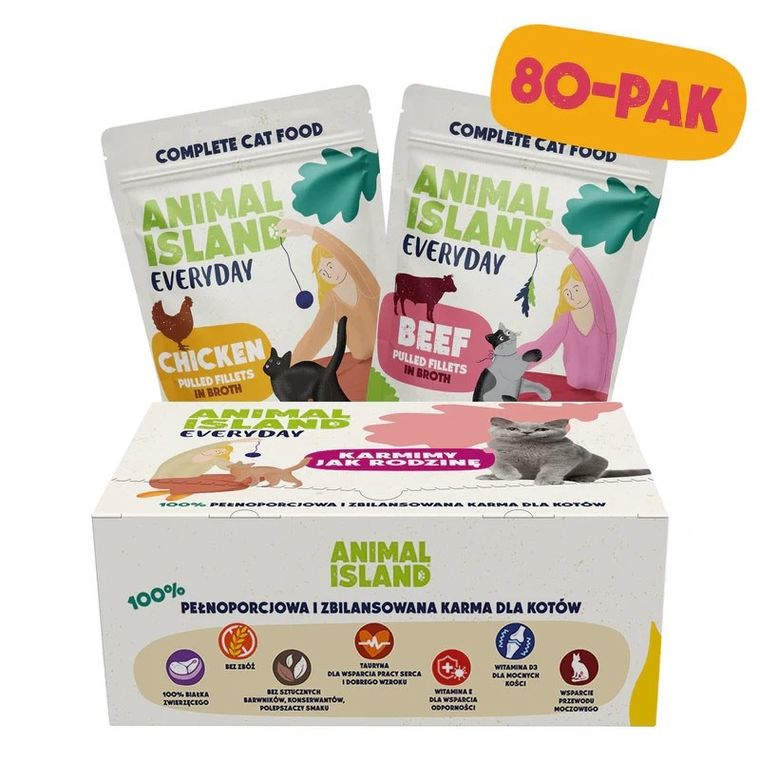 Animal Island, wołowina i kurczak w rosole, karma mokra dla kota, 85g, 80 szt.