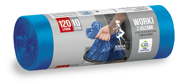 Anna Zaradna, worki na śmieci z uszami, 120l, 10 szt., niebieskie