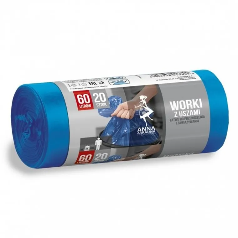 Anna Zaradna, worki na śmieci z uszami, 60l, 20 szt., niebieskie