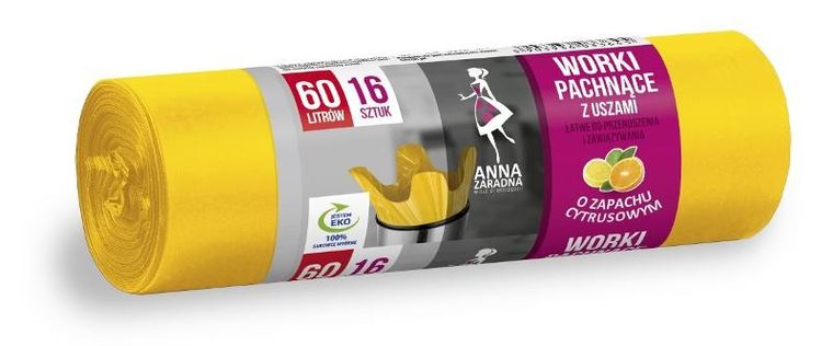 Anna Zaradna, worki na śmieci z uszami, zapach cytrusów, 60l, 16 szt..