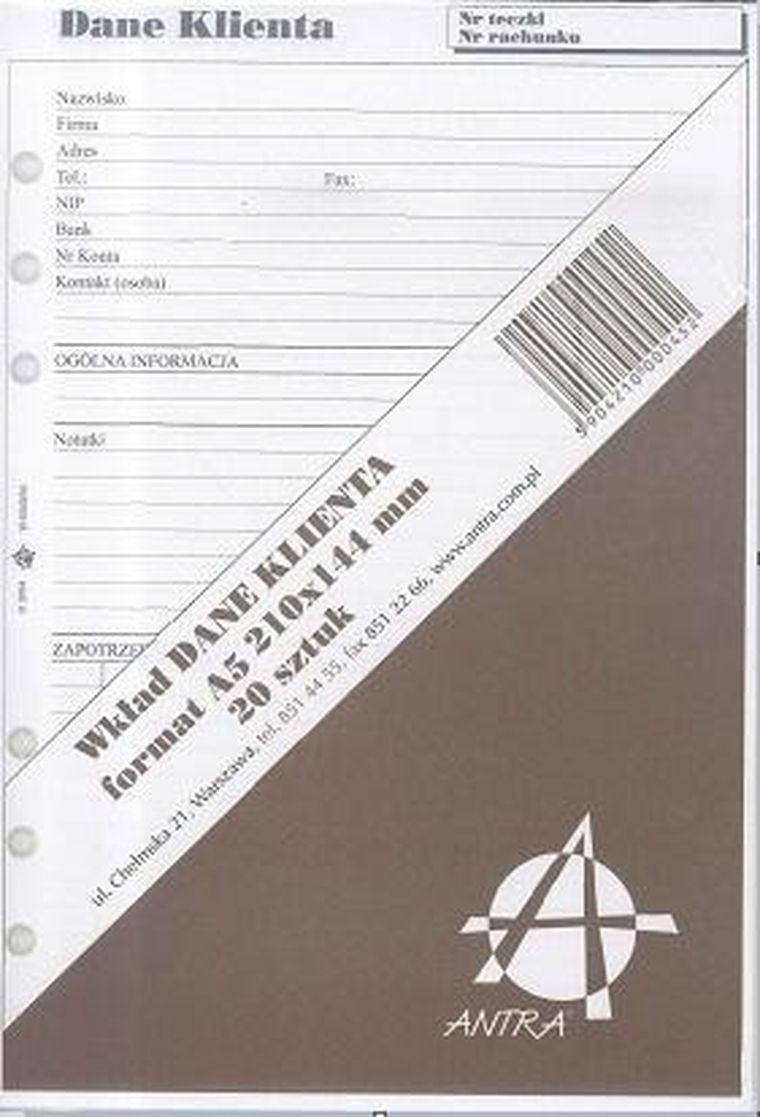 Antra, wkład do organizera A5, dane klienta