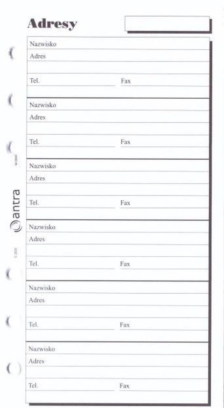 Antra, wkład do organizera, strona, Adresy