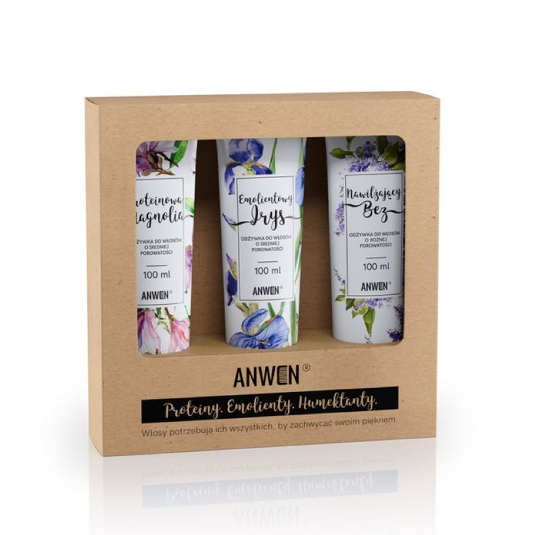 Anwen, odżywki do włosów o średniej porowatości, zestaw, Proteinowa Orchidea, 100 ml + Emolientowy Irys, 100 ml + Nawilżający Bez, 100 ml