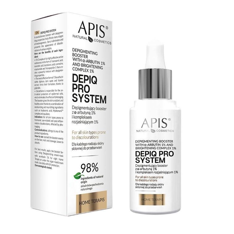 Apis, Depiq Pro System, depigmentujący booster z α-arbutyną 1% i kompleksem rozjaśniającym 1%, 30 ml