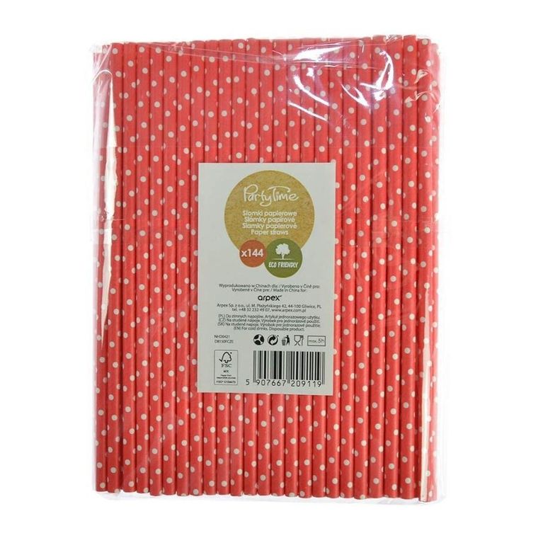 Arpex, słomki papierowe, czerwone w białe kropki, 144 szt.