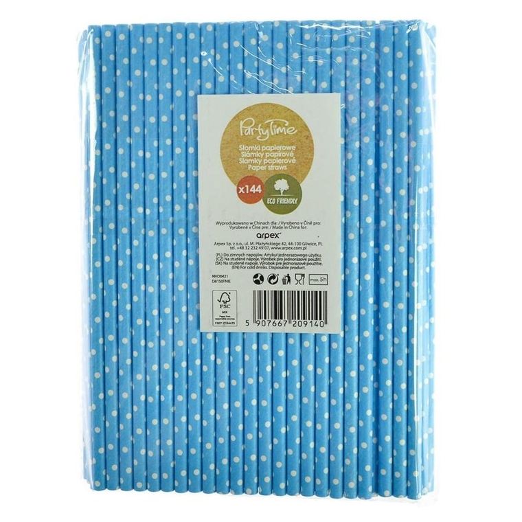 Arpex, słomki papierowe, niebieskie w białe kropki, 144 szt.
