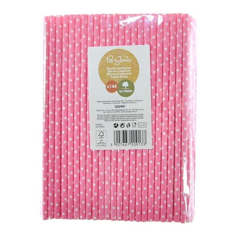 Arpex, słomki papierowe, różowe w białe kropki, 144 szt.