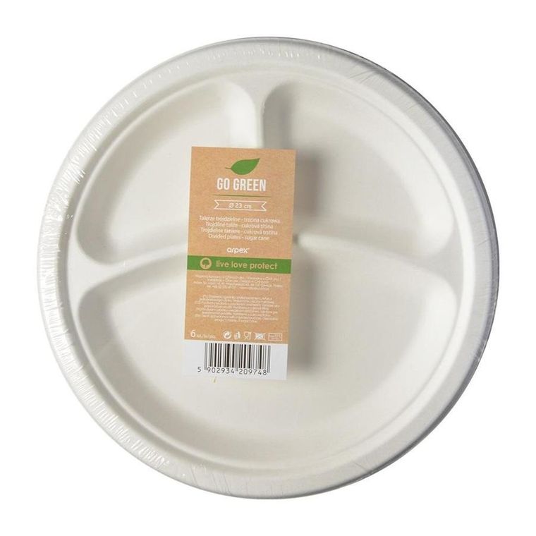 Arpex, talerzyki jednorazowe trójdzielne z trzciny cukrowej, 23 cm, 6 szt.