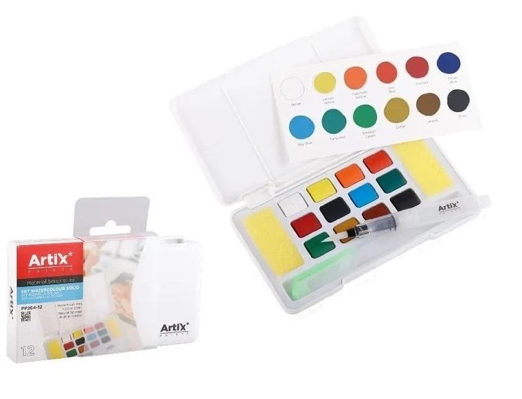 Artix, farba akwarelowa z pędzlem wodnym, 12 kolorów