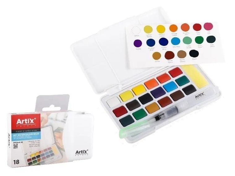 Artix, farba akwarelowa z pędzlem wodnym, 18 kolorów