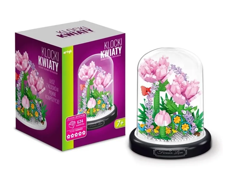 Artyk, kwiaty różowe tulipany, klocki pod kloszem, 624 elementów