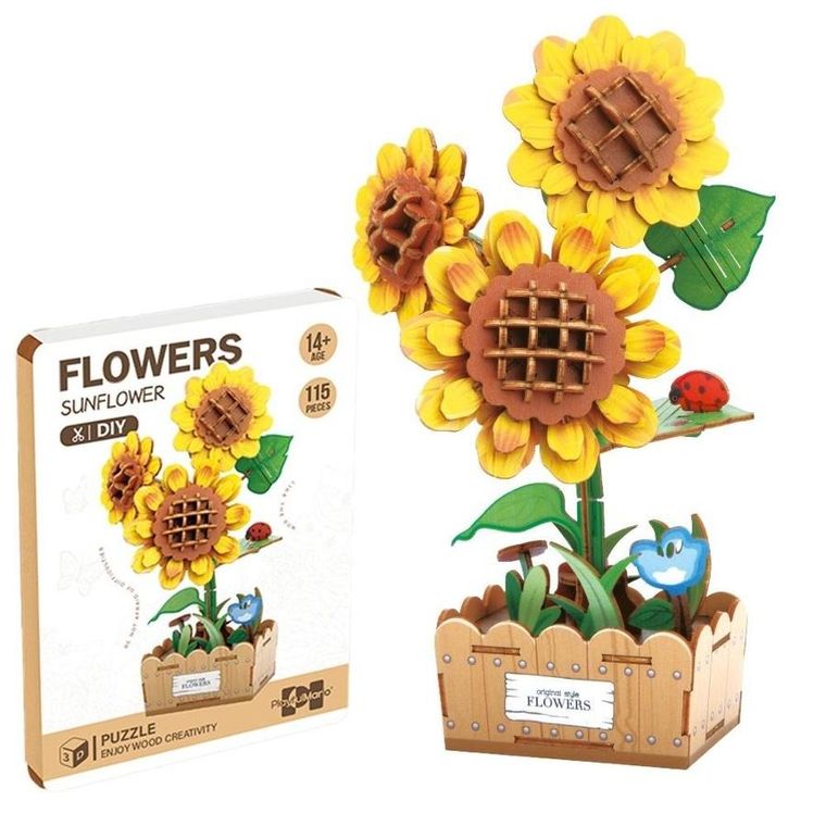 Askato, kwiatki słoneczniki, drewniane puzzle 3D, 115 elementów