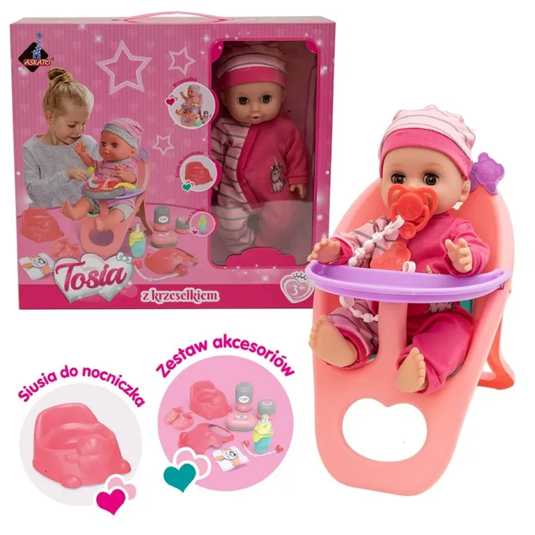Askato, lalka z krzesełkiem do karmienia, różowe ubranko