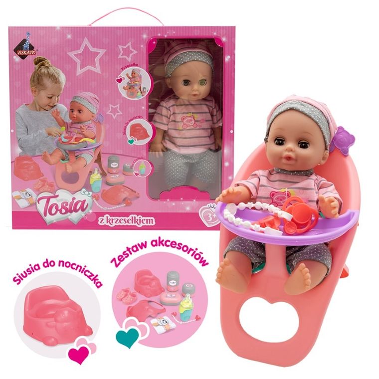 Askato, lalka z krzesełkiem do karmienia, szaro-różowe ubranko