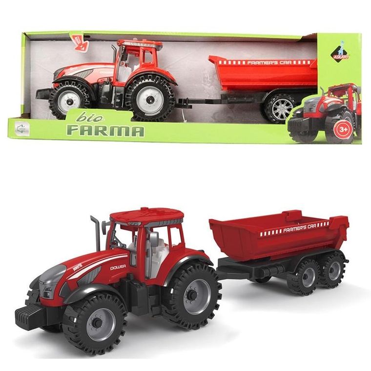 Askato, traktor z czerwoną przyczepą, pojazd