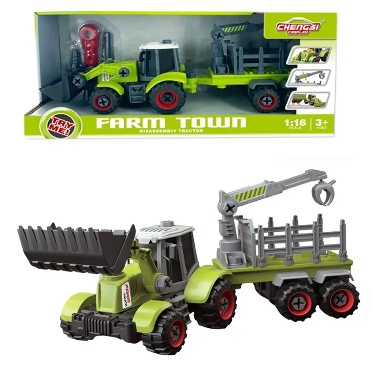 Askato, traktor z łyżką i przyczepą do skręcania