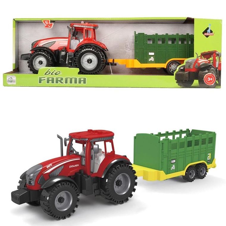 Askato, traktor z zieloną przyczepą, pojazd