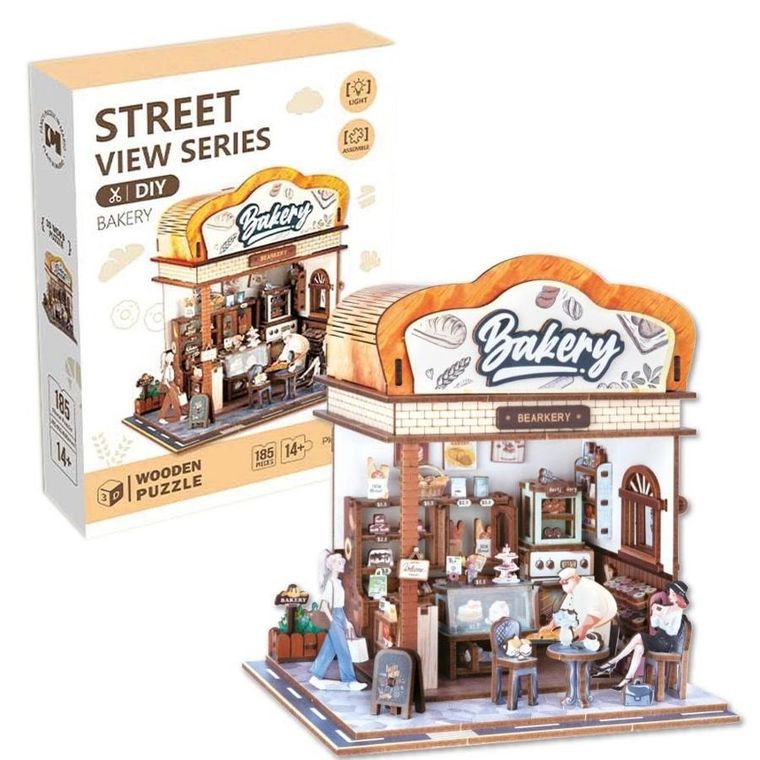 Askato, Uliczny zakątek, piekarnia, drewniane puzzle 3D, 185 elementów