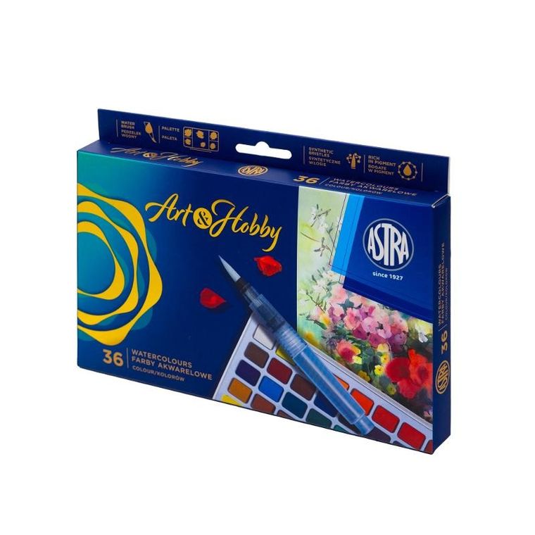 Astra, Art&Hobby, zestaw: farby akwarelowe + pędzelek wodny + paletka, 36 kolorów
