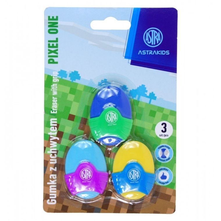 Astra, Astrakids, gumka owalna z uchwytem, Pixel One, 3 szt.