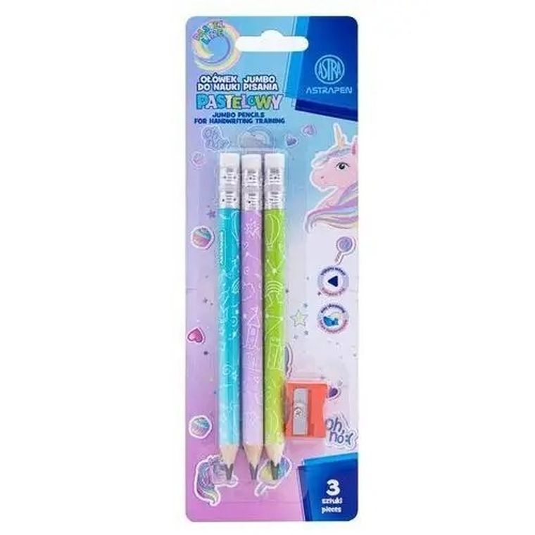 Astra, Astrakids, ołówki grafitowe, trójkątne, jumbo, HB, z temperówką, Unicorn, 3 szt.
