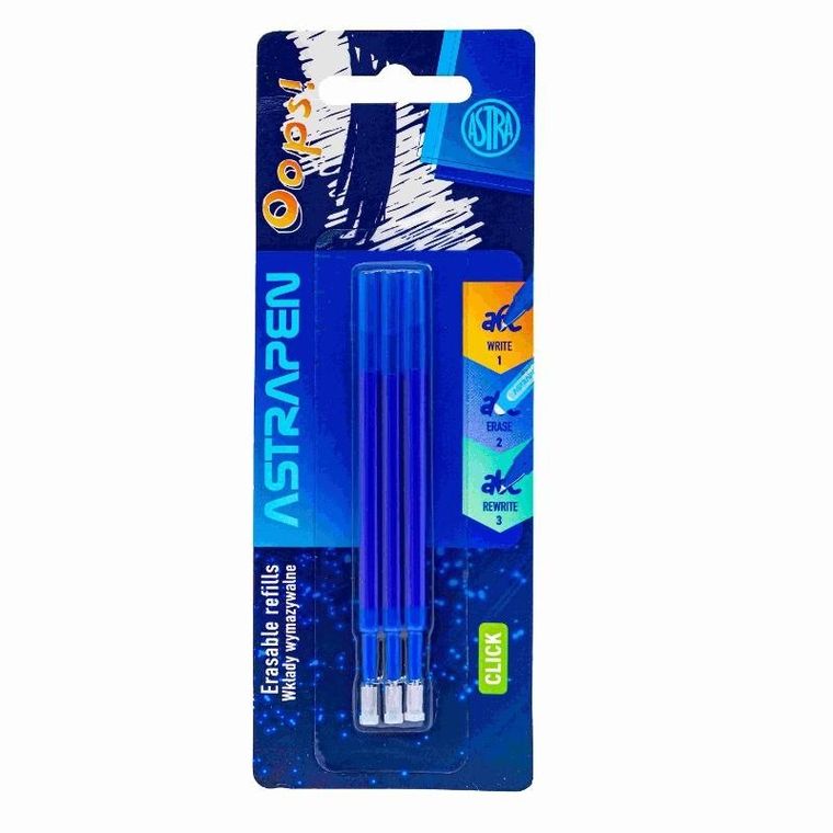 Astra, Astrapen, Oops, Click, wkłady wymazywalne, niebieskie, 0,5 mm, 3 szt.