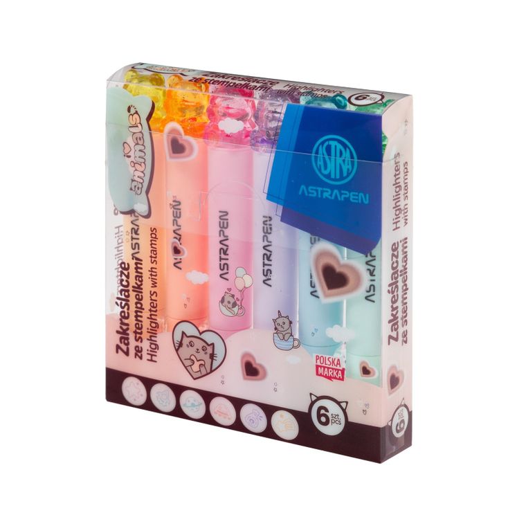 Astra, Astrapen, zakreślacze ze stempelkami, animals choco, 6 kolorów