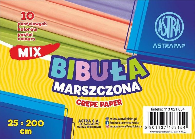 Astra, bibuła marszczona, 25-200 cm, mix 10 kolorów pastelowych