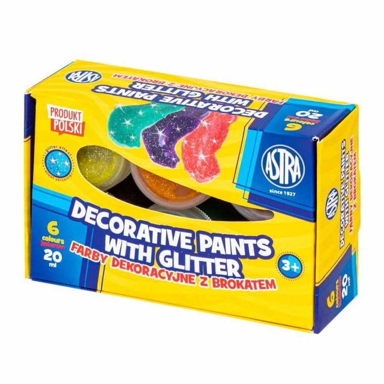 Astra, farby dekoracyjne z brokatem, 6 kolorów, 20 ml