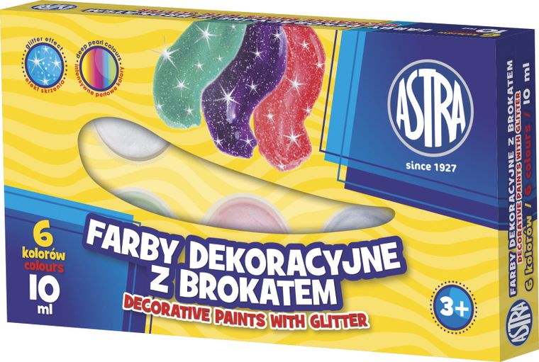 Astra, farby dekoracyjne z brokatem, 6 kolorów