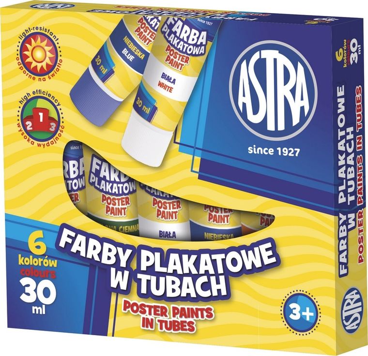 Astra, farby plakatowe w tubie, 6 kolorów, 30 ml