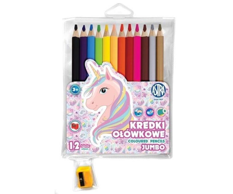 Astra, Jednorożec, kredki ołówkowe jumbo, 12 kolorów + temperówka