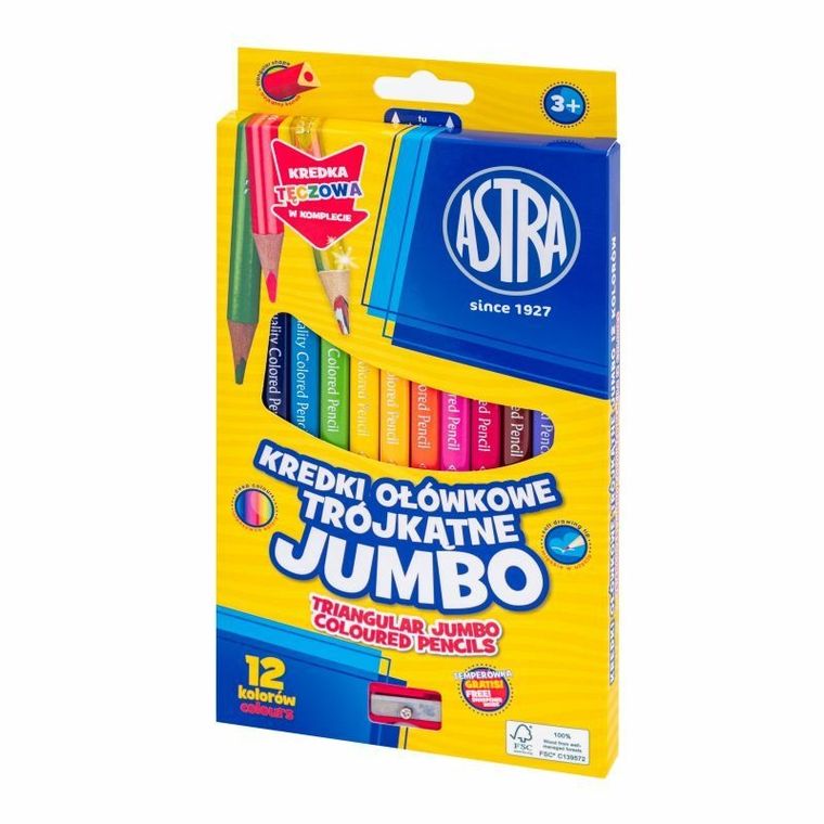 Astra, kredki ołówkowe jumbo, trójkątne, 12 kolorów+ temperówka