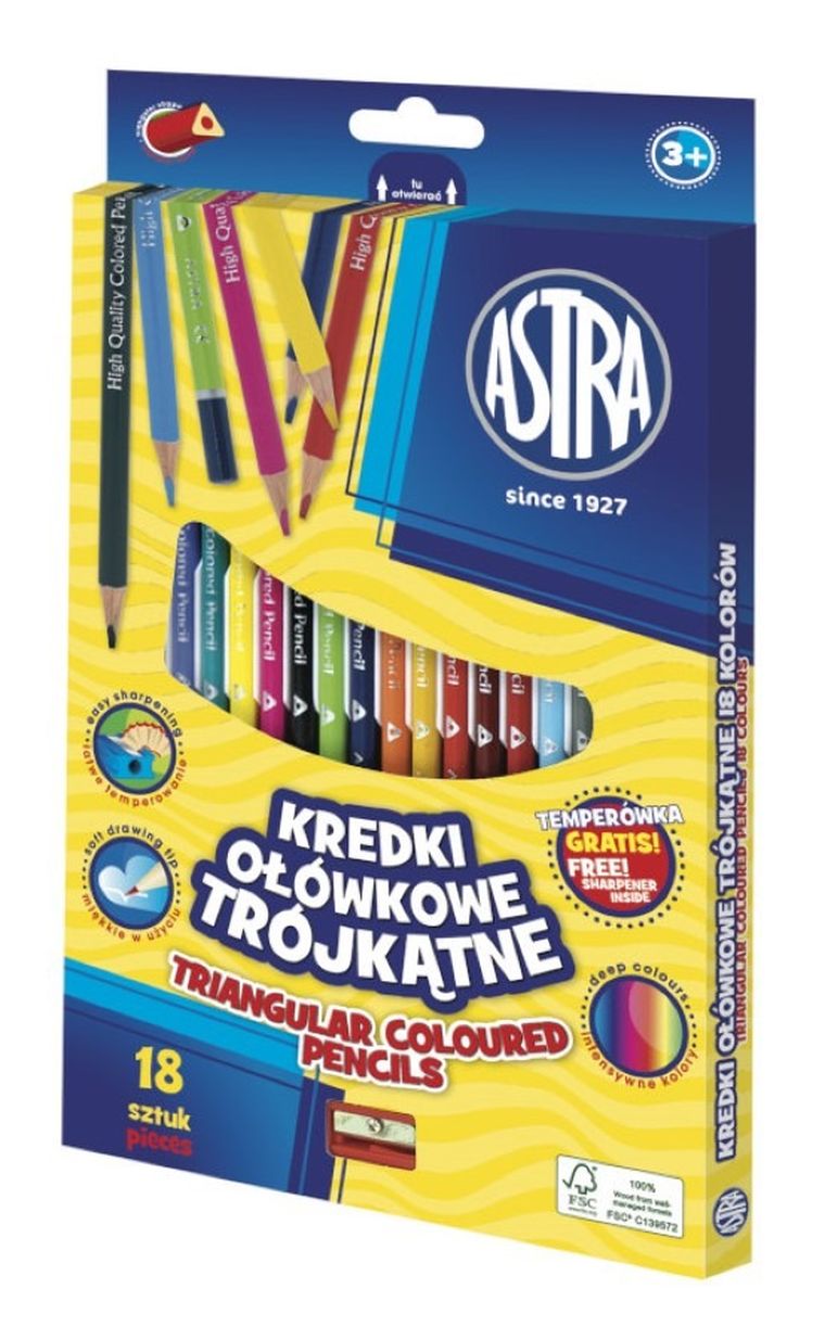 Astra, kredki ołówkowe trójkątne, 18 kolorów + temperówka