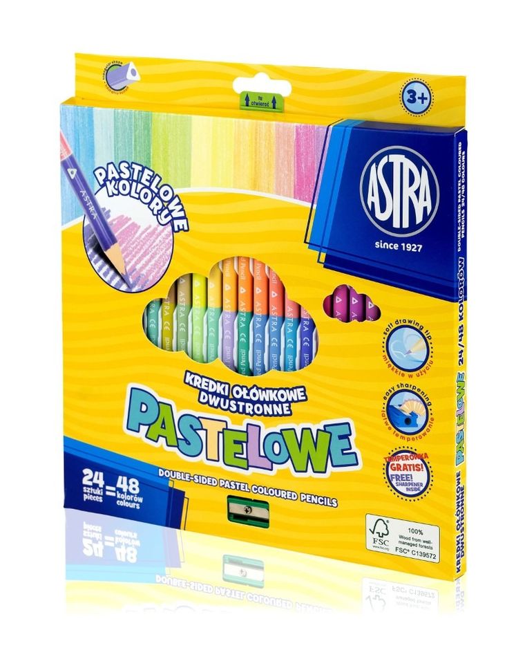 Astra, kredki ołówkowe trójkątne, dwustronne, pastelowe, 48 kolorów, 24 szt.