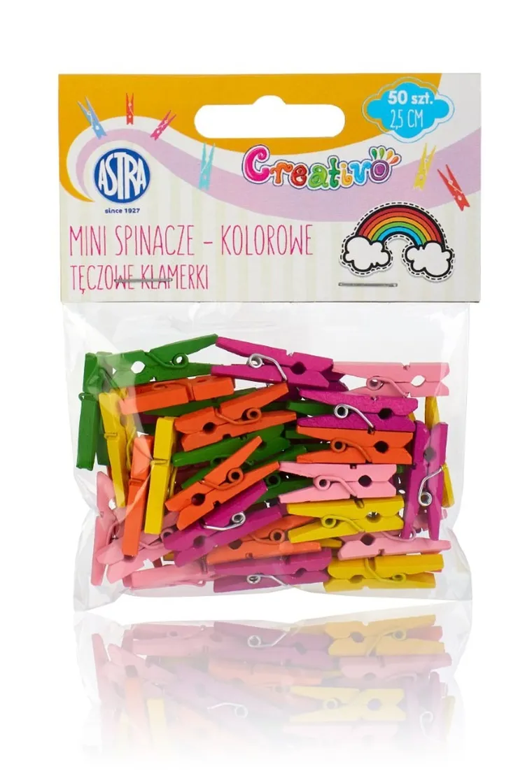 Astra, mini spinacze drewniane kolorowe, tęczowe klamerki, 50 szt.