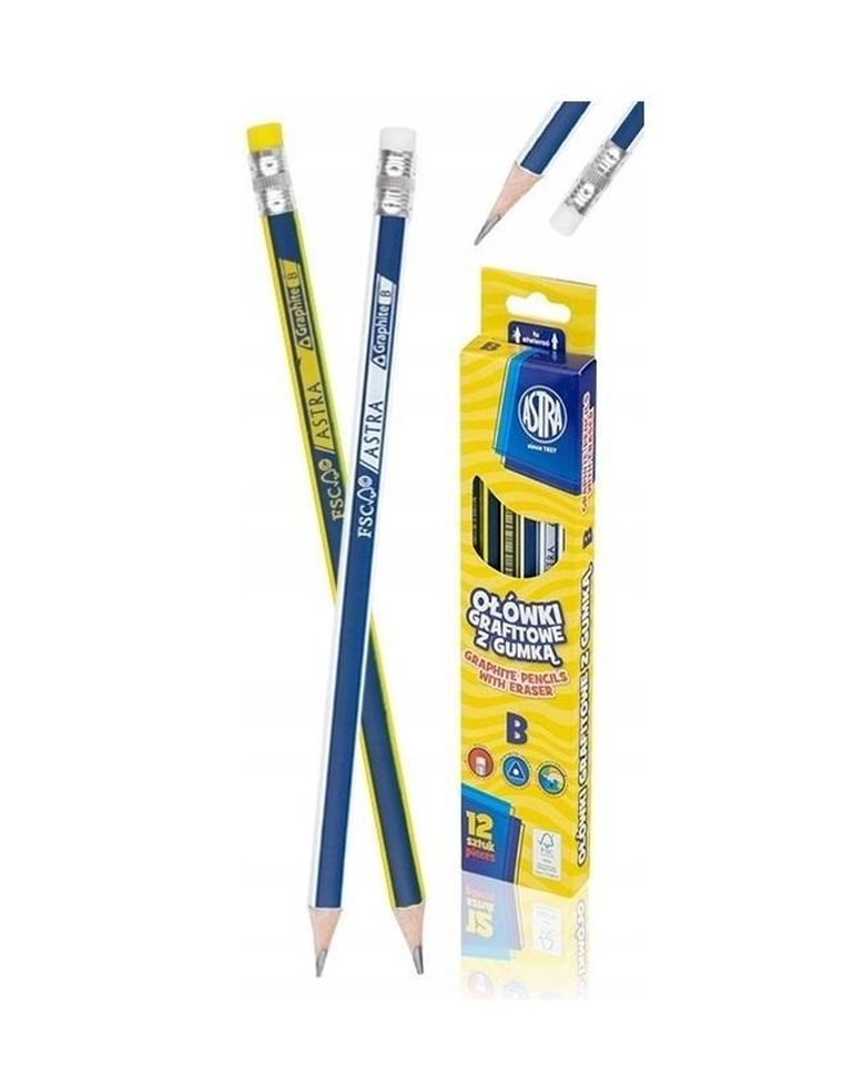 Astra, ołówek grafitowy z gumką, B, 12 szt.