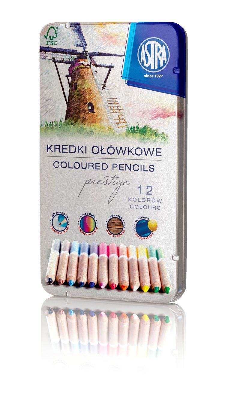 Astra, Prestige, kredki z drewna cedrowego w metalowym pudełku, 12 kolorów