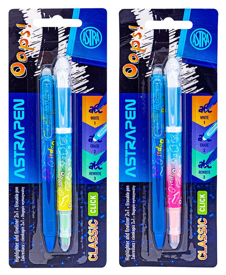Astra, zestaw, zakreślacz 2w1, długopis wymazywalny, 1 szt.
