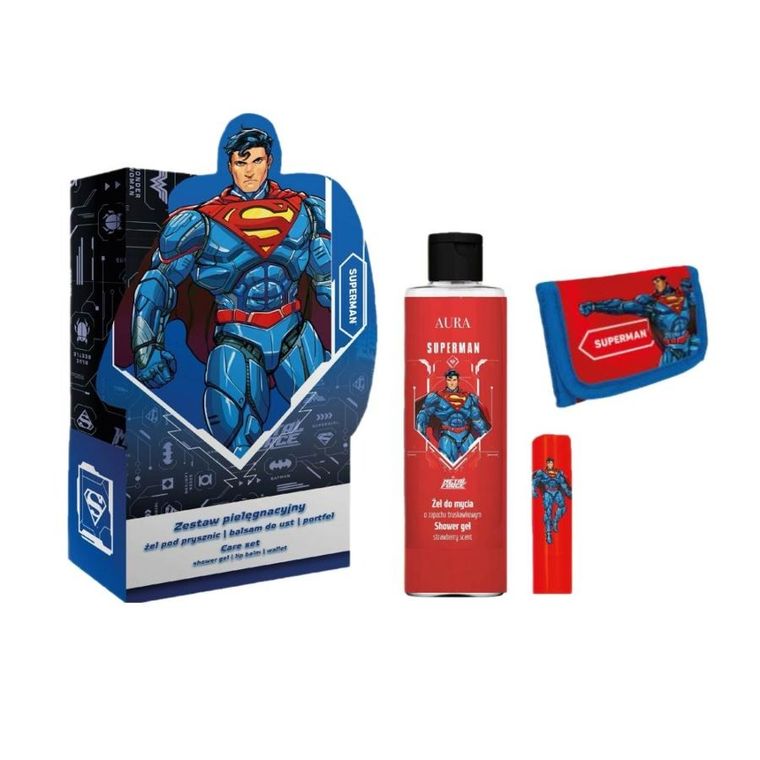 Aura, Superman, zestaw żel pod prysznic, 200 ml + balsam do ust, 3.8g + portfel